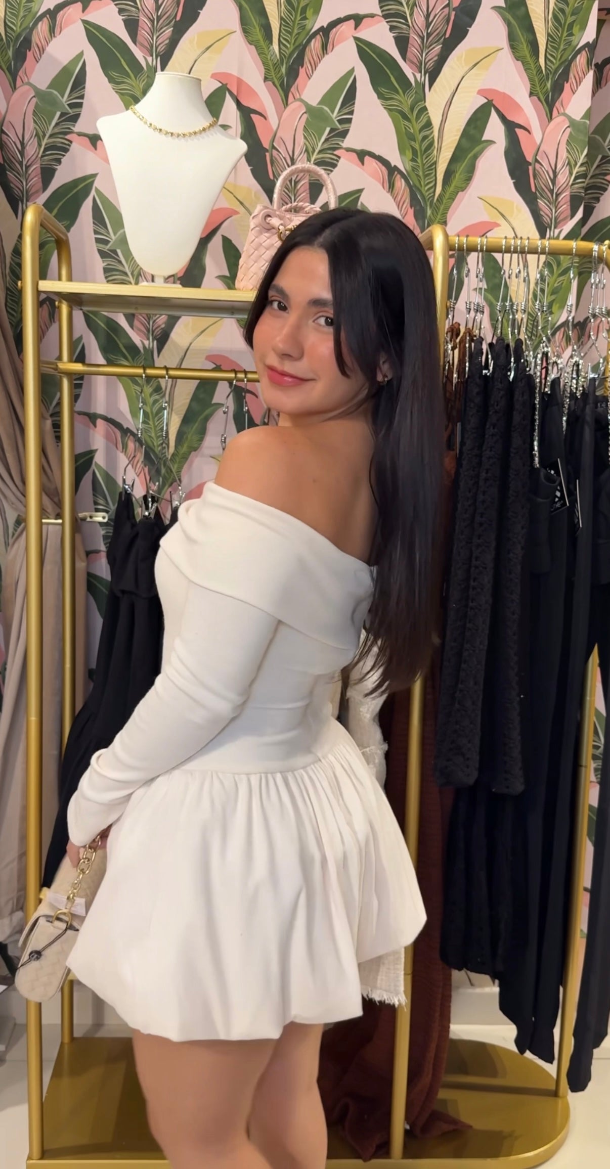 WHT OFF SHOULDER BUBBLE DRESS