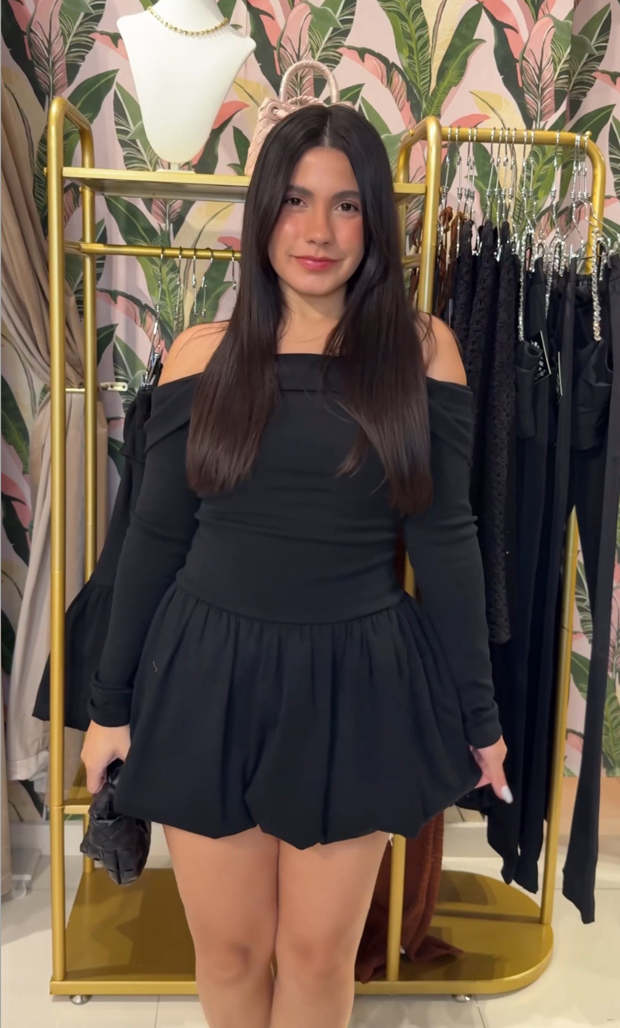 BLK OFF SHOULDER BUBBLE DRESS